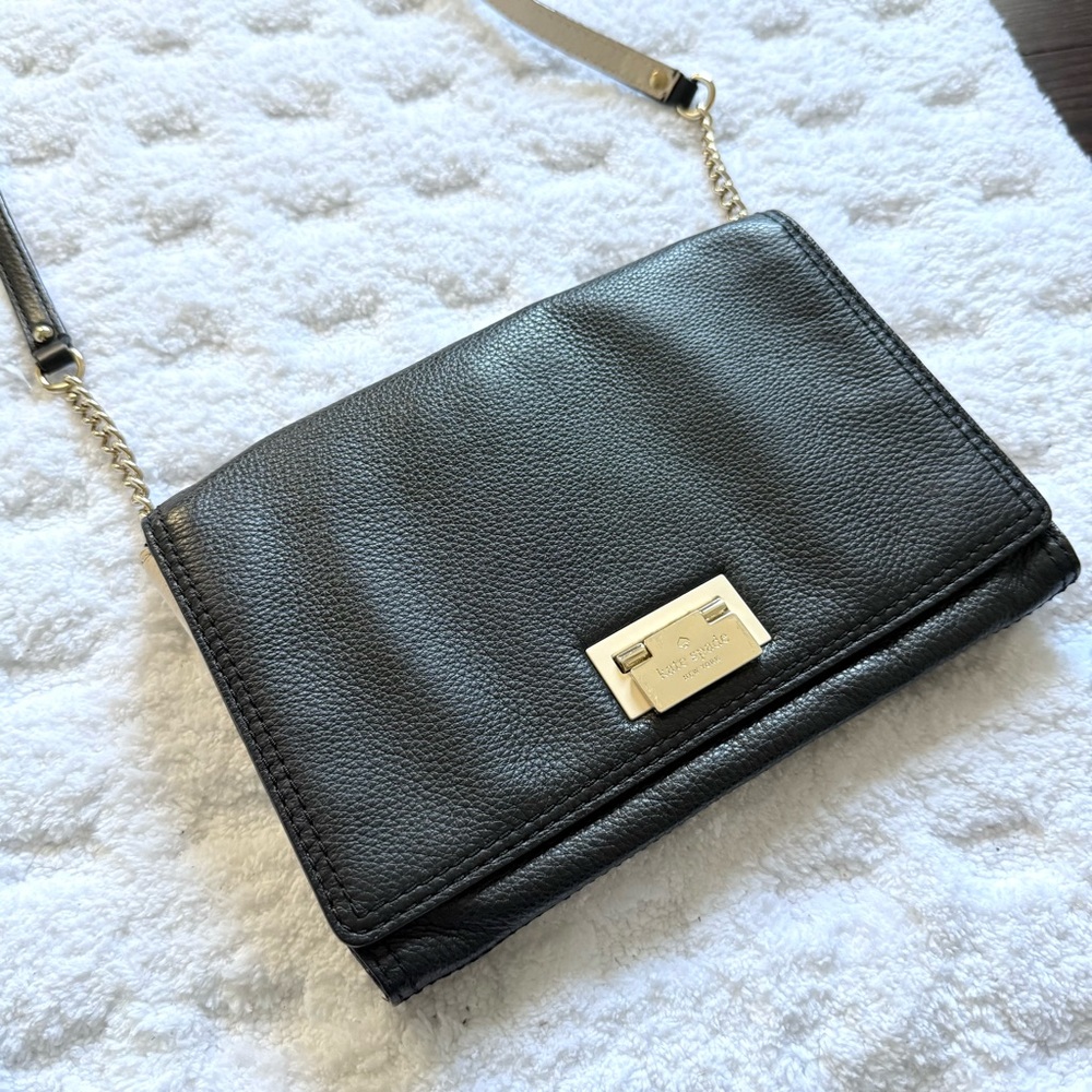 Kate Spade Sleek Black & White Leather Crossbody Clutch with Gold-Toned Hardware